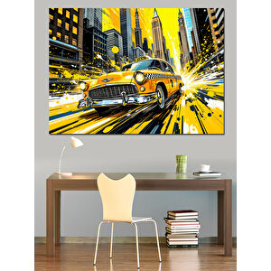 Sarı Taksi Sokak Sahnesi Dekoratif Kanvas - Mdf Ahşap Tablo