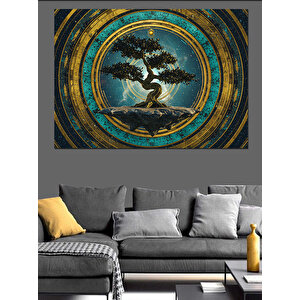 Dairesel Bonsai Ağacı Dekoratif Kanvas - Mdf Ahşap Tablo 25x35 cm