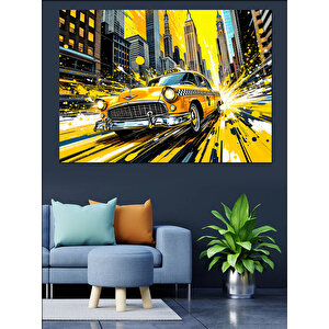 Sarı Taksi Sokak Sahnesi Dekoratif Kanvas - Mdf Ahşap Tablo 100x140 cm