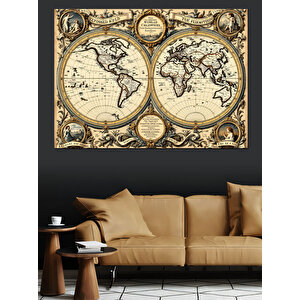 Antik Haritalı Dünya Çizimi Dekoratif Kanvas - Mdf Ahşap Tablo 100x140 cm