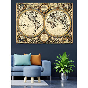 Antik Haritalı Dünya Çizimi Dekoratif Kanvas - Mdf Ahşap Tablo 100x140 cm