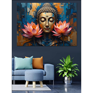 Lotuslu Meditatif Buda Portresi Dekoratif Kanvas - Mdf Ahşap Tablo 100x140 cm