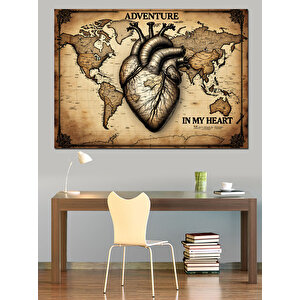 Harita Üzerinde Gerçek Kalp Dekoratif Kanvas - Mdf Ahşap Tablo 70x100 cm