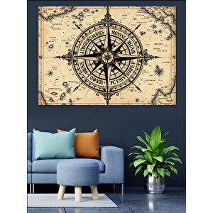Pusula Harita İllüstrasyonu Dekoratif Kanvas - Mdf Ahşap Tablo