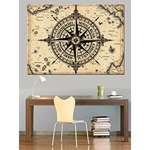 Pusula Harita İllüstrasyonu Dekoratif Kanvas - Mdf Ahşap Tablo 50x70 cm