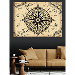 Pusula Harita İllüstrasyonu Dekoratif Kanvas - Mdf Ahşap Tablo 50x70 cm