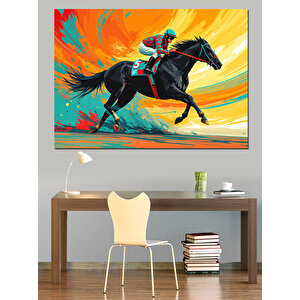 Koşan Yarış Atı Ve Jokey Dekoratif Kanvas - Mdf Ahşap Tablo 50x70 cm
