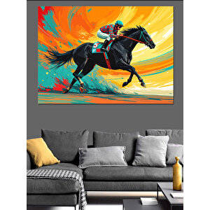 Koşan Yarış Atı Ve Jokey Dekoratif Kanvas - Mdf Ahşap Tablo 50x70 cm