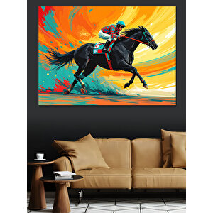 Koşan Yarış Atı Ve Jokey Dekoratif Kanvas - Mdf Ahşap Tablo 50x70 cm