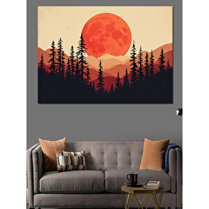 Kırmızı Ay Ve Silüet Ağaçlar Dekoratif Kanvas - Mdf Ahşap Tablo