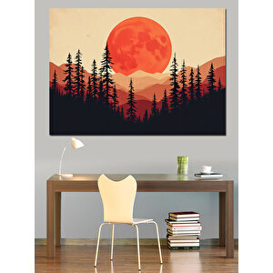 Kırmızı Ay Ve Silüet Ağaçlar Dekoratif Kanvas - Mdf Ahşap Tablo