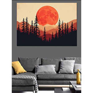 Kırmızı Ay Ve Silüet Ağaçlar Dekoratif Kanvas - Mdf Ahşap Tablo 100x140 cm