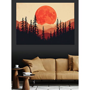 Kırmızı Ay Ve Silüet Ağaçlar Dekoratif Kanvas - Mdf Ahşap Tablo 100x140 cm