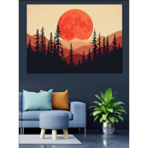 Kırmızı Ay Ve Silüet Ağaçlar Dekoratif Kanvas - Mdf Ahşap Tablo 100x140 cm