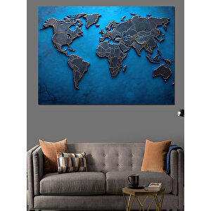 Mavi Metal Dünya Haritası Dekoratif Kanvas - Mdf Ahşap Tablo 50x70 cm