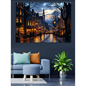 Yağmurlu Sokakta Gece Manzarası Dekoratif Kanvas - Mdf Ahşap Tablo 35x50 cm
