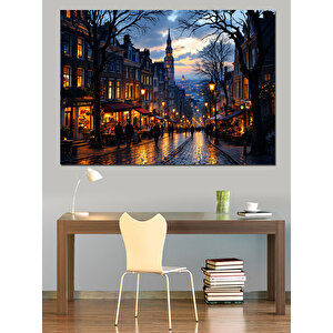 Yağmurlu Sokakta Gece Manzarası Dekoratif Kanvas - Mdf Ahşap Tablo