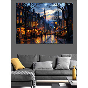 Yağmurlu Sokakta Gece Manzarası Dekoratif Kanvas - Mdf Ahşap Tablo