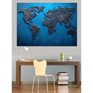 Mavi Metal Dünya Haritası Dekoratif Kanvas - Mdf Ahşap Tablo 35x50 cm