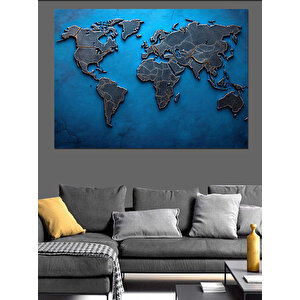 Mavi Metal Dünya Haritası Dekoratif Kanvas - Mdf Ahşap Tablo 35x50 cm