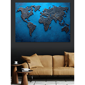Mavi Metal Dünya Haritası Dekoratif Kanvas - Mdf Ahşap Tablo