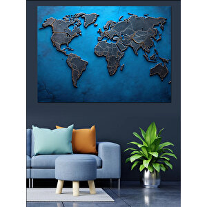 Mavi Metal Dünya Haritası Dekoratif Kanvas - Mdf Ahşap Tablo