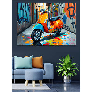 Turuncu Vespa Ve Grafiti Dekoratif Kanvas - Mdf Ahşap Tablo