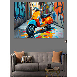 Turuncu Vespa Ve Grafiti Dekoratif Kanvas - Mdf Ahşap Tablo