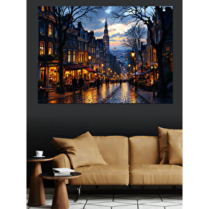 Yağmurlu Sokakta Gece Manzarası Dekoratif Kanvas - Mdf Ahşap Tablo 70x100 cm