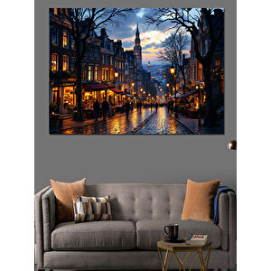 Yağmurlu Sokakta Gece Manzarası Dekoratif Kanvas - Mdf Ahşap Tablo 70x100 cm