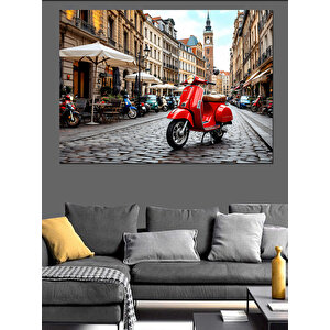 Kırmızı Vespa Sokakta Dekoratif Kanvas - Mdf Ahşap Tablo 70x100 cm