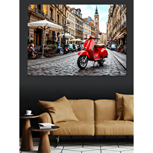Kırmızı Vespa Sokakta Dekoratif Kanvas - Mdf Ahşap Tablo 70x100 cm