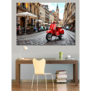 Kırmızı Vespa Sokakta Dekoratif Kanvas - Mdf Ahşap Tablo 25x35 cm