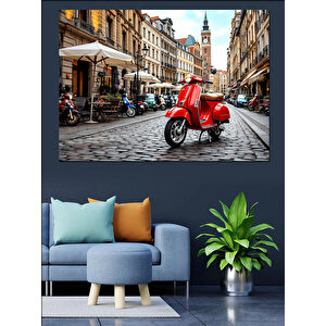 Kırmızı Vespa Sokakta Dekoratif Kanvas - Mdf Ahşap Tablo