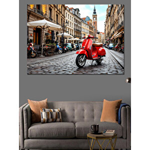 Kırmızı Vespa Sokakta Dekoratif Kanvas - Mdf Ahşap Tablo