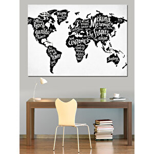 Tipografik Dünya Haritası Dekoratif Kanvas - Mdf Ahşap Tablo