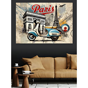 Paris’te Vintage Vespa Ve Binalar Dekoratif Kanvas - Mdf Ahşap Tablo 70x100 cm