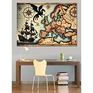 Ejderhalı Eski Dünya Haritası Dekoratif Kanvas - Mdf Ahşap Tablo 100x140 cm