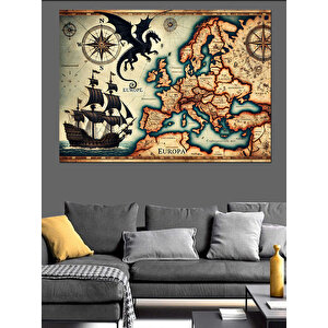 Ejderhalı Eski Dünya Haritası Dekoratif Kanvas - Mdf Ahşap Tablo 100x140 cm