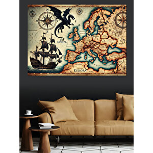 Ejderhalı Eski Dünya Haritası Dekoratif Kanvas - Mdf Ahşap Tablo 100x140 cm