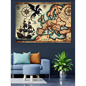 Ejderhalı Eski Dünya Haritası Dekoratif Kanvas - Mdf Ahşap Tablo