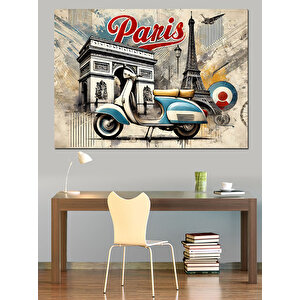Paris’te Vintage Vespa Ve Binalar Dekoratif Kanvas - Mdf Ahşap Tablo