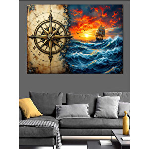Eski Pusula Ve Harita Dekoratif Kanvas - Mdf Ahşap Tablo