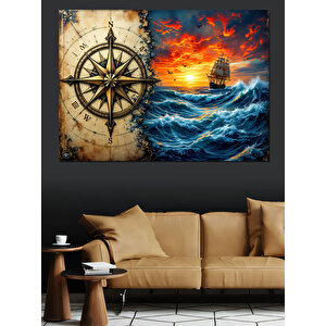 Eski Pusula Ve Harita Dekoratif Kanvas - Mdf Ahşap Tablo