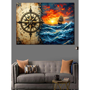 Eski Pusula Ve Harita Dekoratif Kanvas - Mdf Ahşap Tablo 70x100 cm