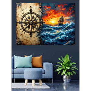 Eski Pusula Ve Harita Dekoratif Kanvas - Mdf Ahşap Tablo 50x70 cm