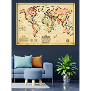 Retro Dünya Harita Çizimi Dekoratif Kanvas - Mdf Ahşap Tablo 50x70 cm