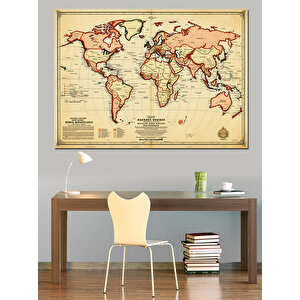 Retro Dünya Harita Çizimi Dekoratif Kanvas - Mdf Ahşap Tablo 70x100 cm