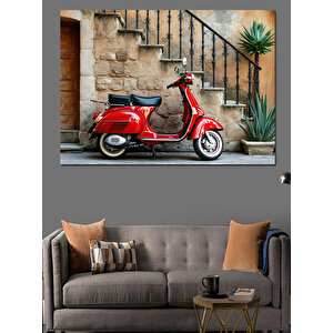 Tarihi Merdivende Kırmızı Vespa Dekoratif Kanvas - Mdf Ahşap Tablo