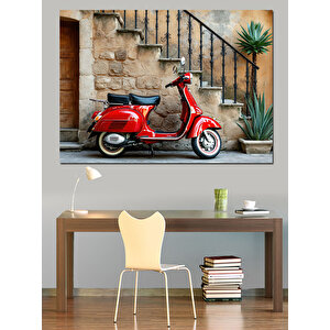 Tarihi Merdivende Kırmızı Vespa Dekoratif Kanvas - Mdf Ahşap Tablo